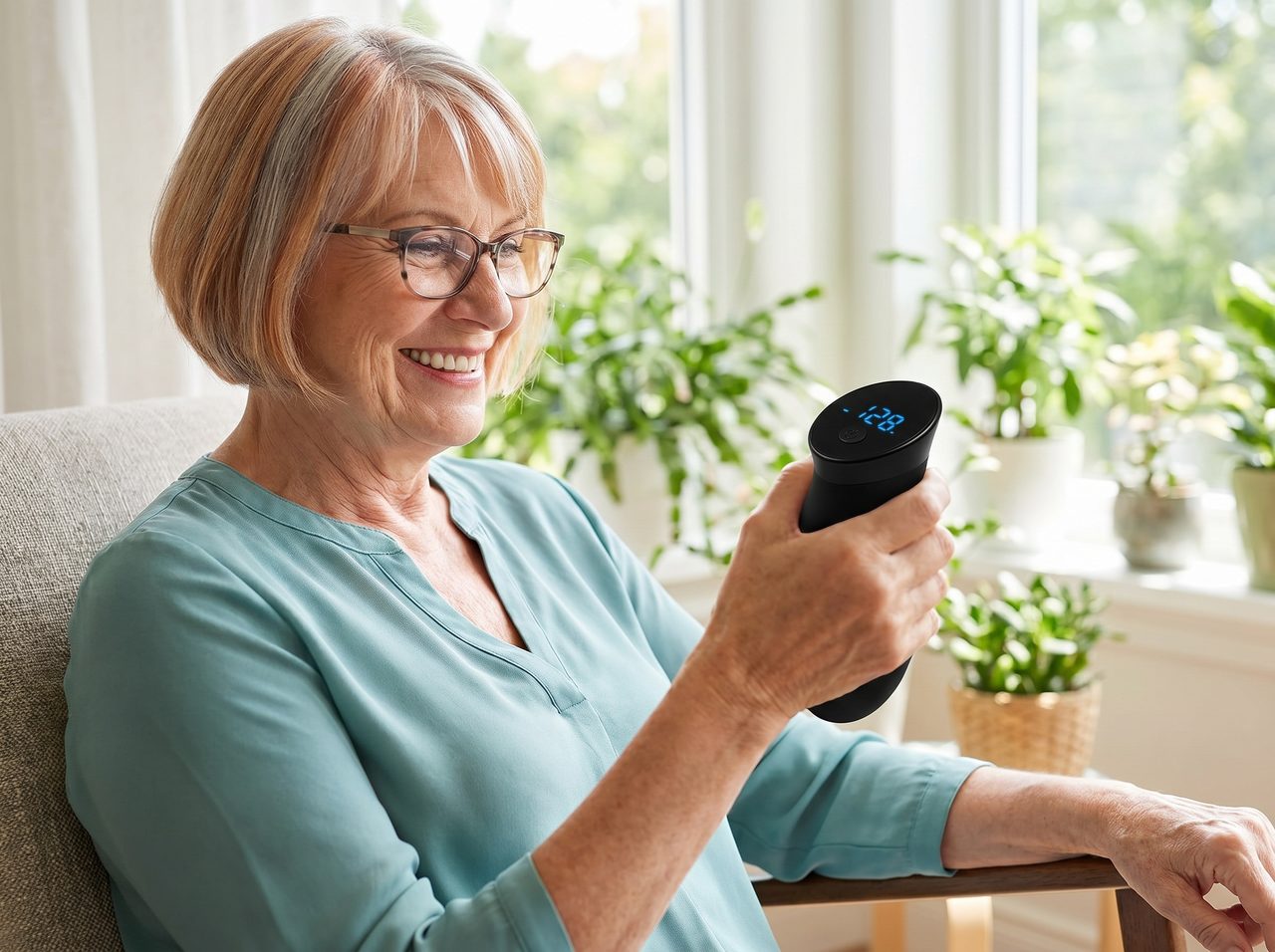 Ruth using the VitalGrip grip trainer at home